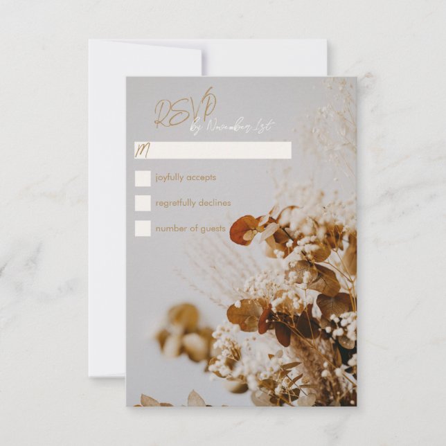 Modern Boho Rustic Dried Floral Wedding RSVP Card (Front)