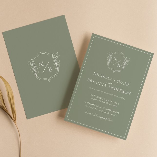 Modern Boho Sage Green Crest Wedding Minimalist Invitation (Creator Uploaded)