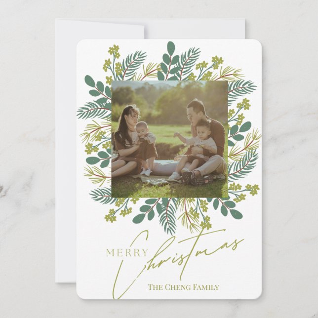 Modern Boho Sage Green Eucalyptus Wreath Holiday Card (Front)