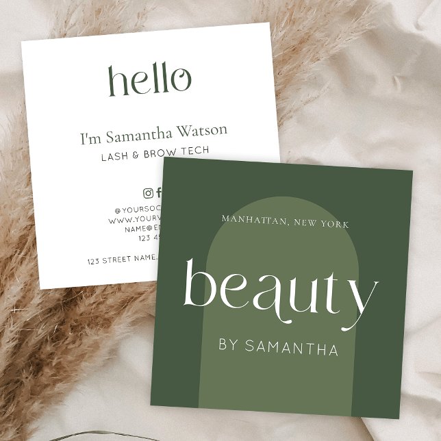 Modern Boho Sage Green Lash Brows Beautician Square Business Card (Modern beauty salon business cards in boho sage green aesthetic with trendy display fonts)