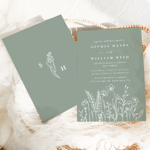 Modern Boho Sage Green Wildflower Wedding  Invitation