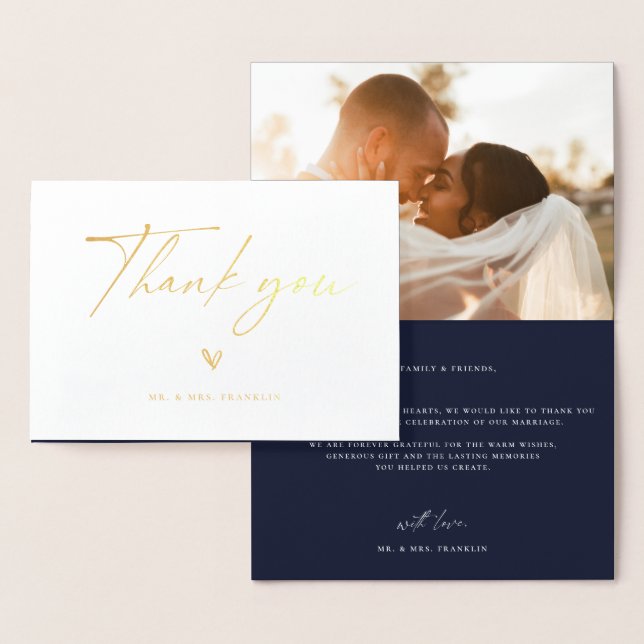 Modern Boho Script Wedding Photo Thank You Foil Ca Card (Display)