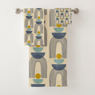 Modern Boho Shapes Lines Arch Pattern in Blue  Bath Towel Set