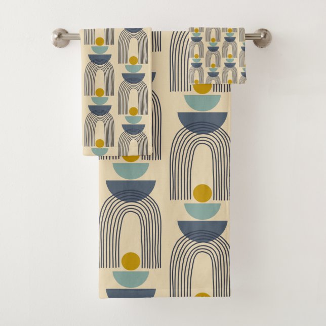 Modern Boho Shapes Lines Arch Pattern in Blue  Bath Towel Set (Insitu)