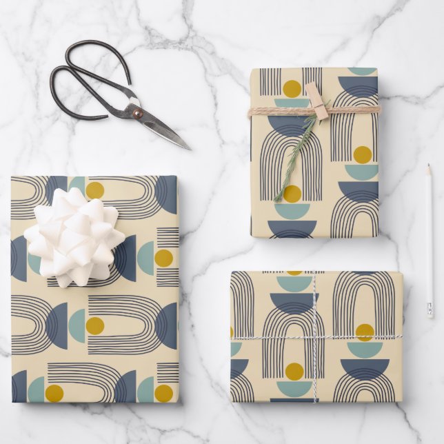 Modern Boho Shapes Lines Arch Pattern in Blue Wrapping Paper Sheet (Front)