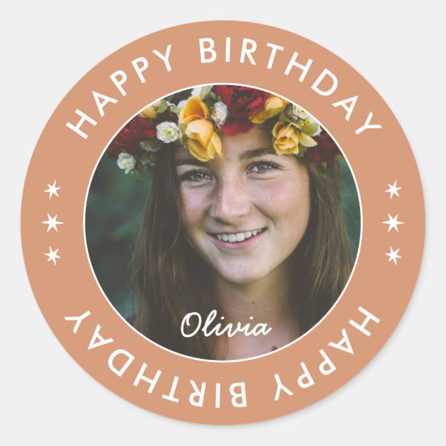 Modern Boho Simple Elegant Happy Birthday Photo Classic Round Sticker (Front)