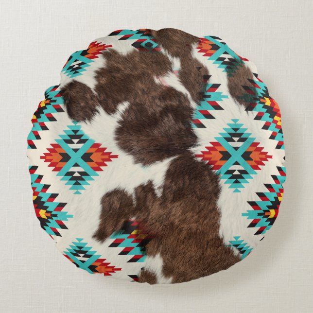 Modern Boho Southwest Cowhide Aztec Pattern Round Pillow (Front)