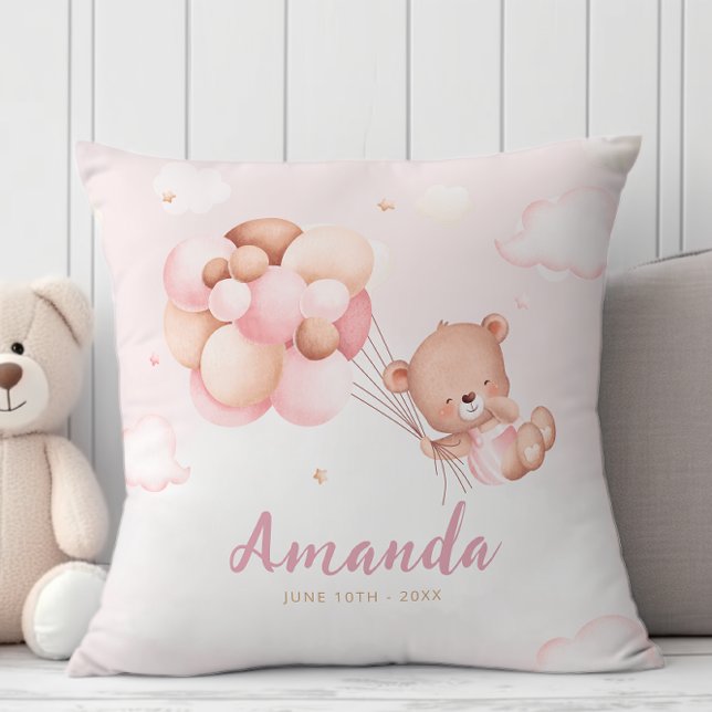Modern Boho Teddy Bear Baby Shower Gift Baby Girl  Throw Pillow (Front)