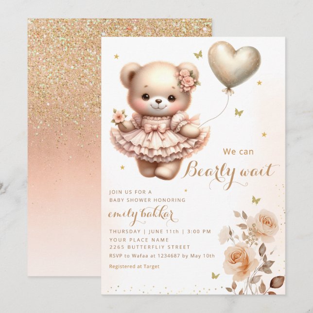 Modern Boho Teddy Bear Balloon Girl Baby Shower  Invitation (Front/Back)