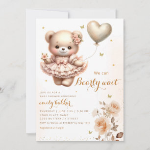 Modern Boho Teddy Bear Balloon Girl Baby Shower Invitation