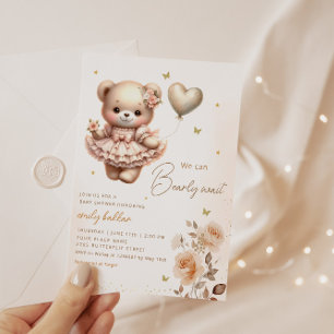 Modern Boho Teddy Bear Balloon Girl Baby Shower  Invitation
