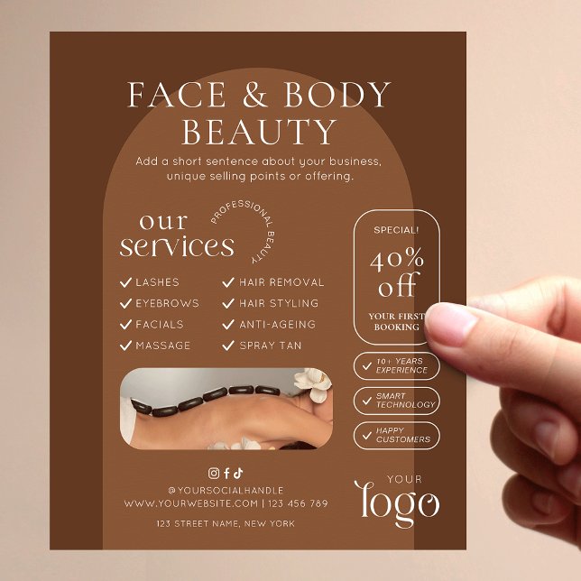 Modern Boho Terracotta Beauty Spa Salon Marketing Flyer (Trendy boho arch business marketing flyer in earthy terracotta tones)