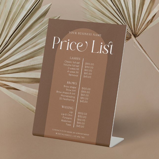Modern Boho Terracotta Hair Nails Salon Price List Pedestal Sign (Boho Business Price List Pedestal Sign with earthy terracotta background and modern fonts)