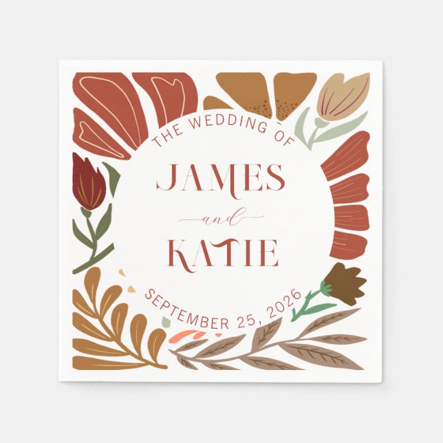 Modern Boho Terracotta Retro Floral Wedding Napkin (Front)