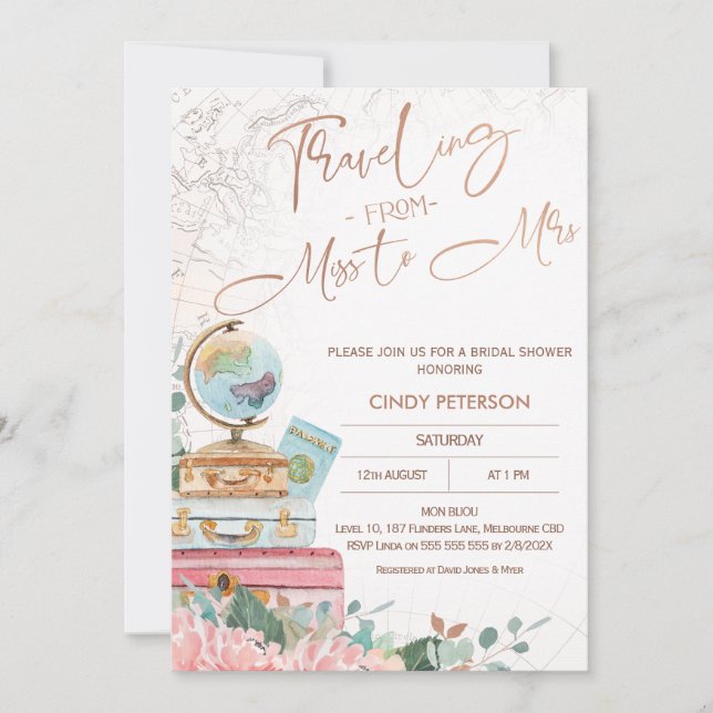 Modern Boho Traveling Miss to Mrs Bridal Shower Invitation (Front)