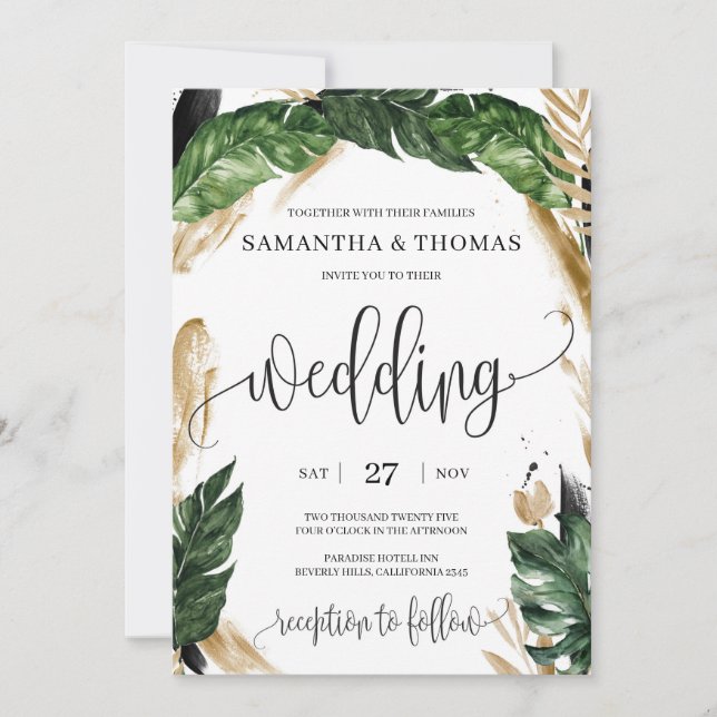 Modern Boho tropical greenery leaves gold wedding Invitation (Front)