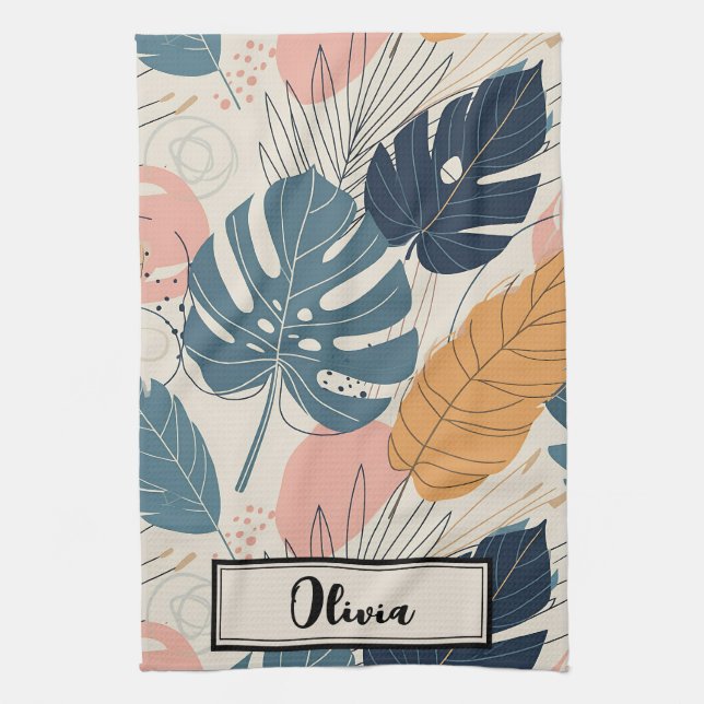 Modern Boho Tropical Leaves Abstract Kitchen Towel (Vertical)