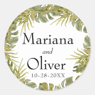 Modern Boho Tropical Leaves Dried Palm Wedding Cla Classic Round Sticker