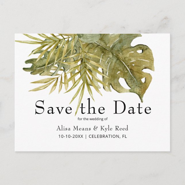 Modern Boho Tropical Leaves Save the Dare Announcement Postcard (Front)