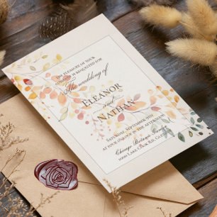 Modern Boho Watercolor Autumn Leaves Wedding Invitation