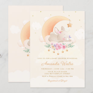 Modern Boho Watercolor Cute Bunny Girl Baby Shower Invitation