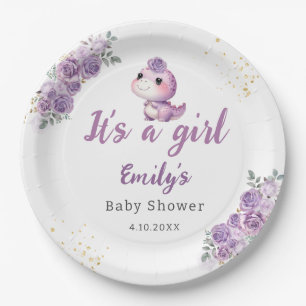 Modern Boho Watercolor Dinosaur purple floral girl Paper Plate