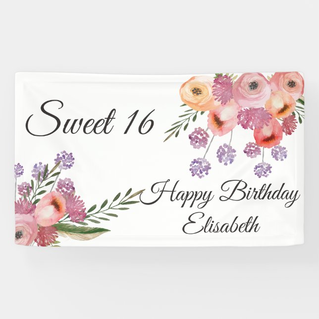 Modern boho watercolor floral  sweet 16 party banner (Horizontal)