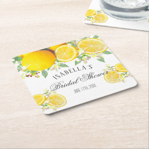 Modern Boho Watercolor Lemon Summer Bridal Shower Square Paper Coaster
