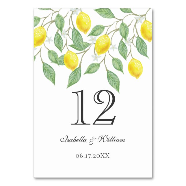 Modern Boho Watercolor Lemon Summer Wedding Table Table Number (Front)