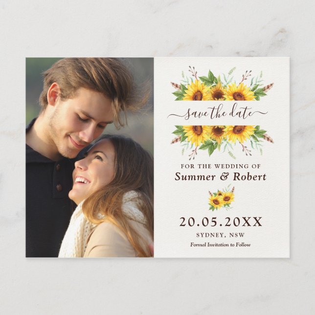 Modern Boho Watercolor Sunflowers Save the Date Announcement Postcard (Front)