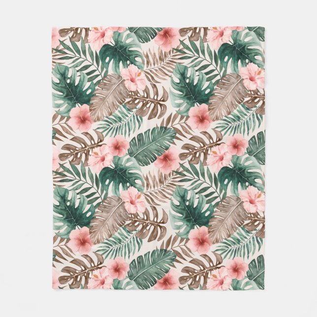Modern Boho Watercolor Tropical Floral Leaves Fleece Blanket (Front)