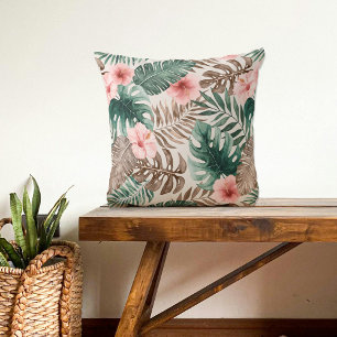Modern Boho Watercolor Tropical Floral Throw Pillow