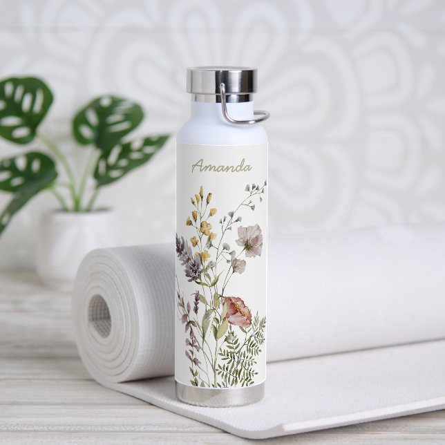 Modern Boho Watercolor Wildflowers with Name Water Bottle (Yoga)