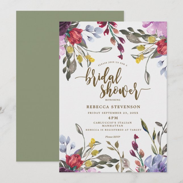 modern boho wild flower bridal shower invitation (Front/Back)