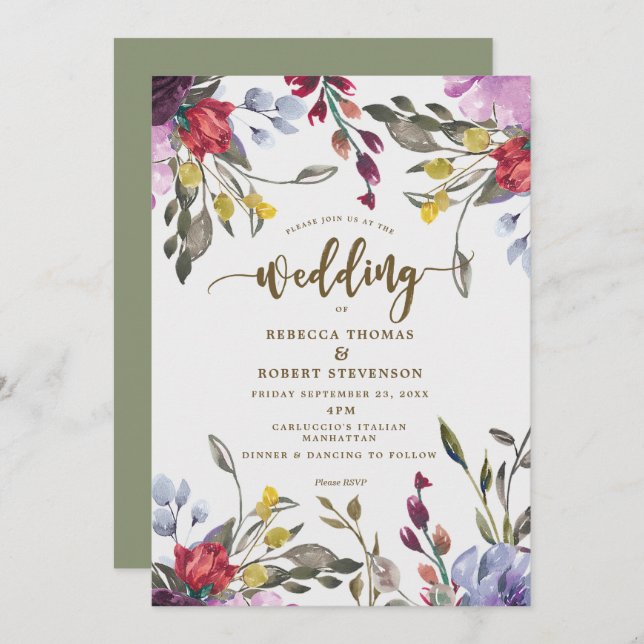 modern boho wild flower wedding invitation floral (Front/Back)