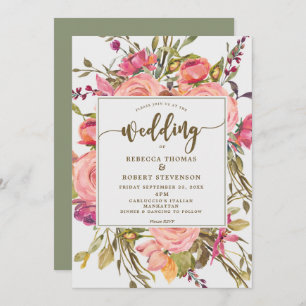 modern boho wild flower wedding invitation gray