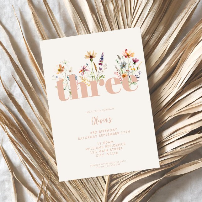Modern Boho Wildflower 3rd Birthday Invitation (Creator Uploaded)