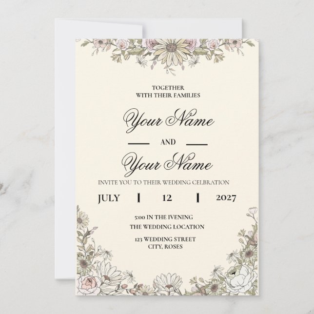 Modern Boho Wildflower Line Art Wedding Invitation (Front)