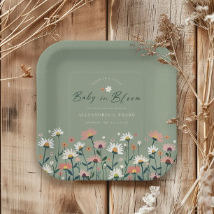 Modern Boho Wildflower Sage Baby in Bloom Shower Paper Plate