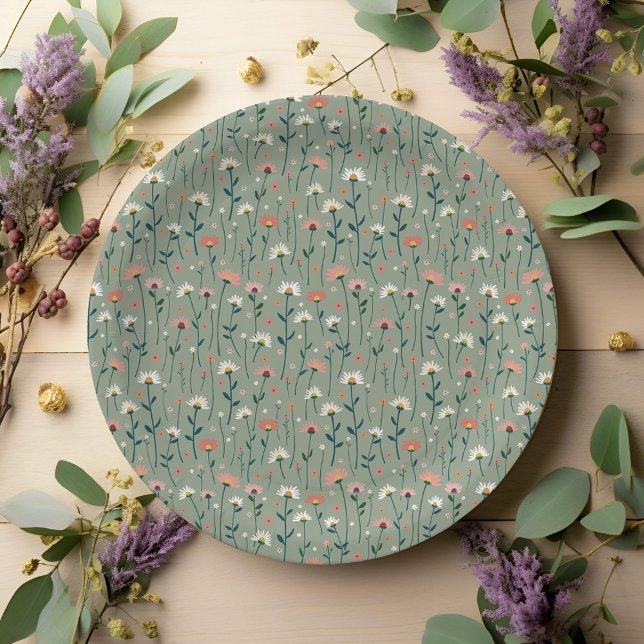Modern Boho Wildflower Sage Baby in Bloom Shower Paper Plate (Creator Uploaded)