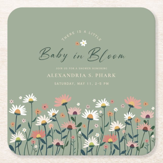 Modern Boho Wildflower Sage Baby in Bloom Shower Square Paper Coaster (Front)