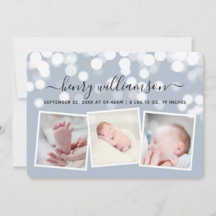 Modern Bokeh Lights 3 Photo Birth Announcement