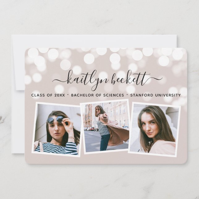 Modern Bokeh Lights 3 Photo Graduation Announcement (Front)