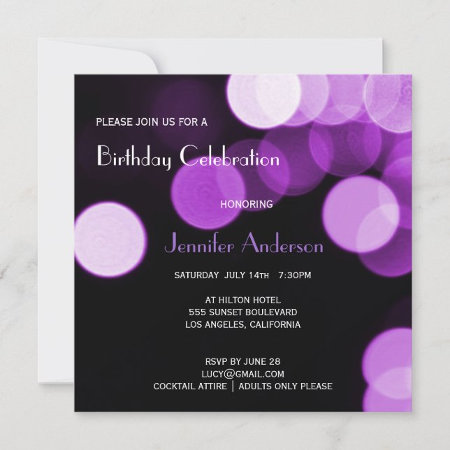 Modern Bokeh Purple Glitter & Glamour Birthday Invitation (Front)