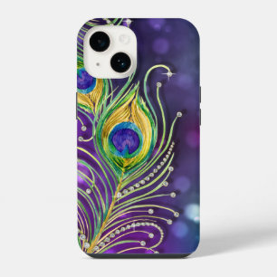 Modern Bokeh Sparkle Peacock Feathers Jewels iPhone 14 Case