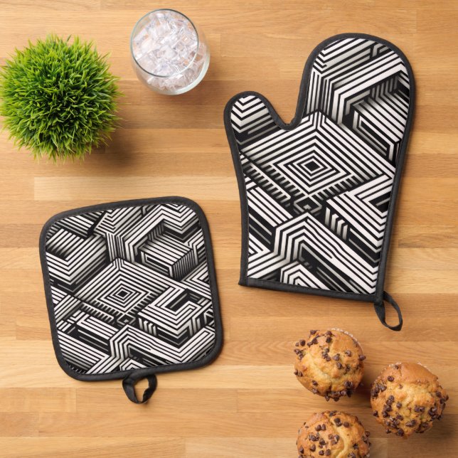 Modern bold Abstract Monochrome Geometric Pattern Oven Mitt & Pot Holder Set (Top Down)