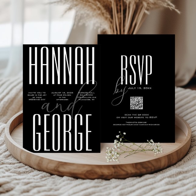 Modern Bold Black and White QR Code Unique Wedding Invitation (Unique black and white wedding invitation with script and large bold typography minimalist QR Code )