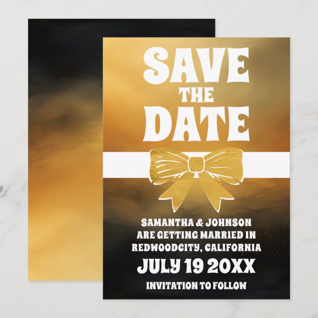 Modern Bold Black Gold Bow Save The Date  Invitation (Front/Back)