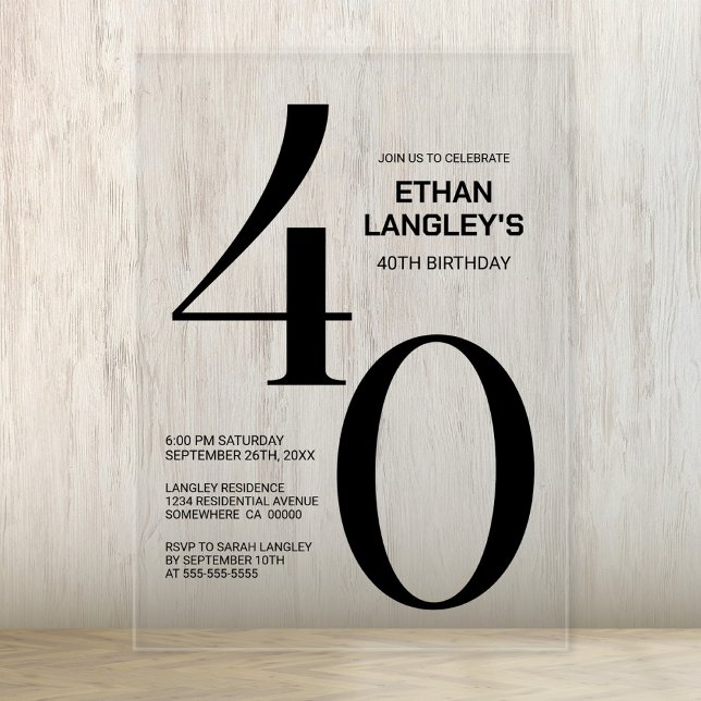 Modern Bold Black Text 40th Birthday Party Acrylic Invitations (Creator Uploaded)