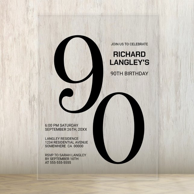 Modern Bold Black Text 90th Birthday Party Acrylic Invitations (Creator Uploaded)
